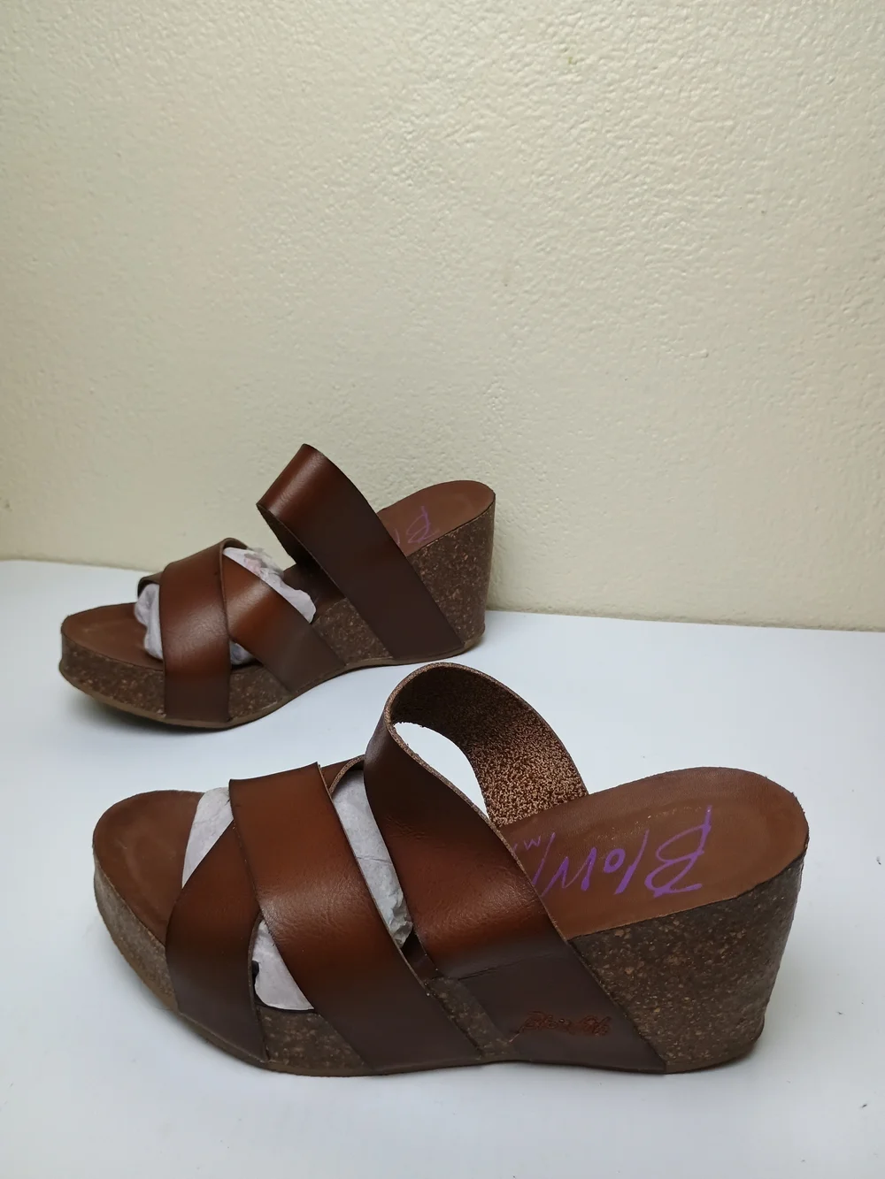 Blowfish Malibu Hikka 7.5 Brown Cork Wedge Slide Sandals Footbed